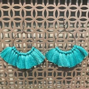 Turquoise blue tassel hoop earrings